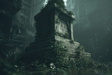 Weathered Stone Monument In Overgrown Ruin