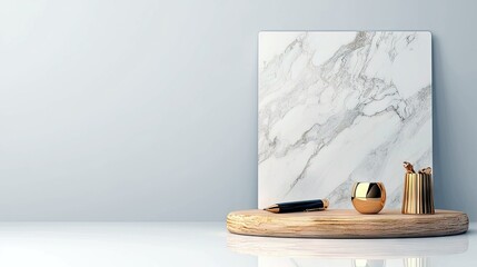 A minimalist composition featuring a black pen, a small gold sphere, and a ribbed gold pen holder on a round wooden stand, set against a white marble slab. The