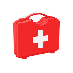 Obraz premium Red first aid kit in a suitcase shape with a white cross on a white background