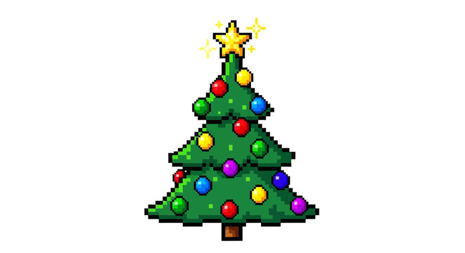 Vibrant pixel art Christmas tree with colorful baubles and a glowing star topper. Retro 8-bit holiday graphic isolated on white