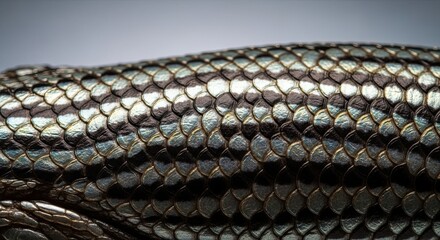 Extreme close-up macro photograph of iridescent reptile skin, showing the detailed texture and shimmering pattern of the scales against a soft, neutral gray background