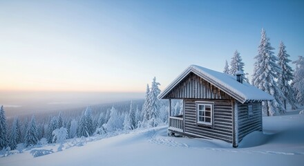 A secluded wooden cabin sits peacefully on a snowy hilltop surrounded by frost-covered pine trees, with a beautiful, tranquil winter sunrise on the horizon