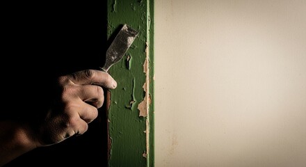 A worker's hand holding a chisel to scrape old, peeling green paint from a wooden door frame during a home renovation project, with dramatic side lighting