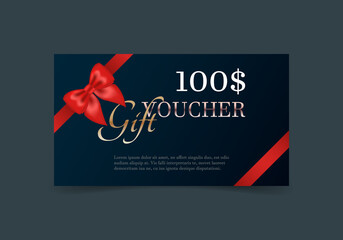 A gift voucher template with a realistic red ribbon.  Design an invitation, certificate, gift coupon, ticket or voucher. 