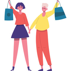 Two Friends Holding Shopping Bags Smiling Together in a Minimalist Style With a Transparent Background