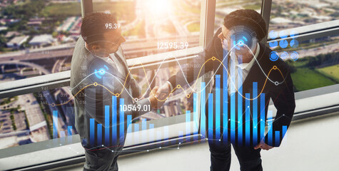 Two business professionals engage in a handshake while financial data visualizations hover around them, symbolizing growth and partnership in an urban office setting. Scalp