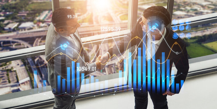 Two business professionals engage in a handshake while financial data visualizations hover around them, symbolizing growth and partnership in an urban office setting. Scalp