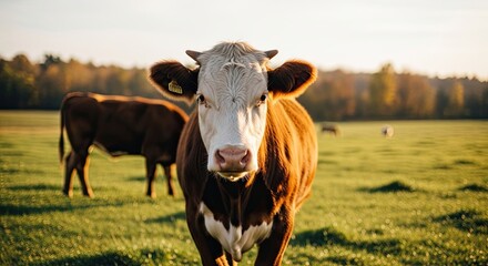 Portrait of a beautiful brown and white cow standing in a lush green meadow, illuminated by the warm, gentle light of a serene sunrise or sunset in the countryside