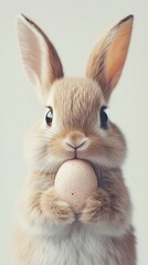 Obraz premium Cute bunny holding an egg in soft lighting.