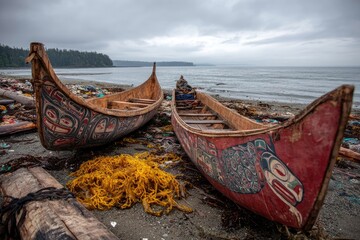 Two decorated canoes on a debris-covered beach by the ocean under an overcast sky