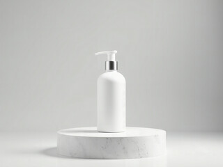 Minimalist White Matte Pump Bottle Mockup On Concrete Podium