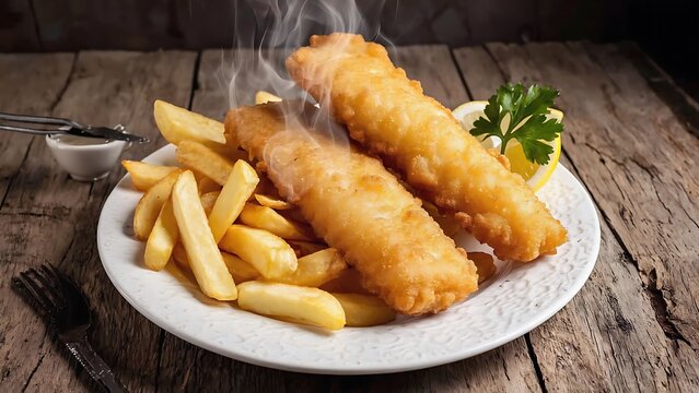 Classic fish and chips with lemon and parsley on a white plate, served on a wooden table, a traditional British takeaway meal - Powered by Adobe