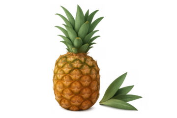 Ripe whole pineapple with green spiky crown and separate leaves, tropical fruit on transparent background, fresh food