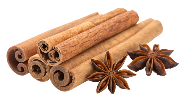 Cinnamon sticks and star anise, isolated on white background.