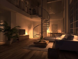 Cozy, dimly lit modern loft interior with spiral staircase, living room, and dining nook