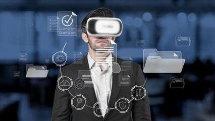 A businessman wears a virtual reality headset, interacting with vibrant digital data in a sleek office. This image captures the essence of technological innovation and growth. Raster