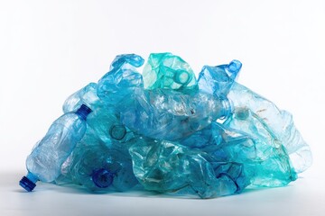 Fototapeta premium A large pile of crumpled blue and green plastic bottles on a white background