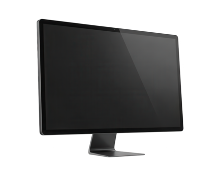 Modern computer display with a sleek metallic stand shown against a dark background