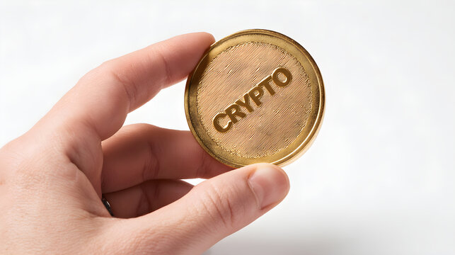 Hand holding golden cryptocurrency coin showing 'crypto' word