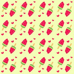 Watermelon Ice Cream illustration. Watermelon ice cream seamless pattern. Pink ice cream stick doodle. Summer background with watermelon ice cream