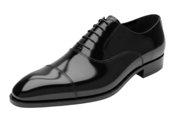 Polished black leather dress shoe displays high shine against a dark background