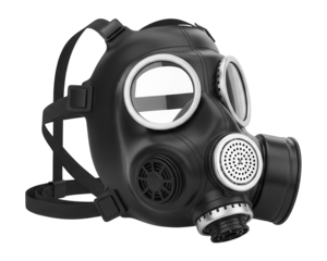 Full face protective respirator apparatus rendered in three dimensions against a dark background