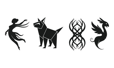 Black silhouette icons of a dancer dog abstract shape and dragon