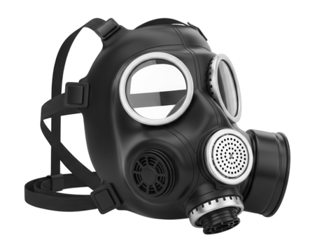 Full face protective respirator apparatus rendered in three dimensions against a dark background