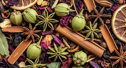 A vibrant and aromatic mix of whole spices including star anise, cinnamon sticks, green cardamom, and dried orange slices creating a rich, fragrant textured background