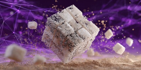 Abstract cube suspended in mid-air, surrounded by a cloud of particles, set against a purple background