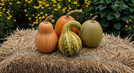 A charming autumn still life of diverse pumpkins and squash displayed on a straw bale, with a soft-focus background of green leaves and vibrant yellow blossoms