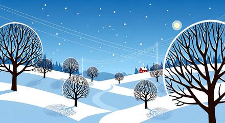 Cozy winter village nestled in a snowy landscape with bare trees