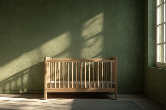 A baby crib in a sunlit room
