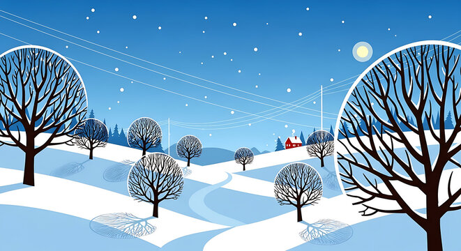 Cozy winter village nestled in a snowy landscape with bare trees