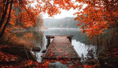 Autumnal lake with wooden pier