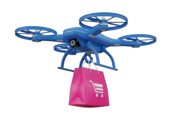 Remote controlled aerial vehicle transports a retail merchandise container through the air