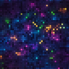 Abstract pixelated background with colorful bokeh lights and geometric patterns
