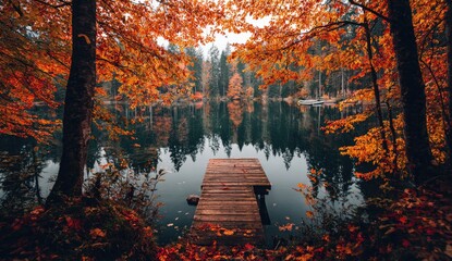 Autumn lake scene with colorful trees and wooden dock