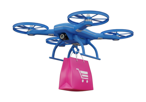 Remote controlled aerial vehicle transports a retail merchandise container through the air