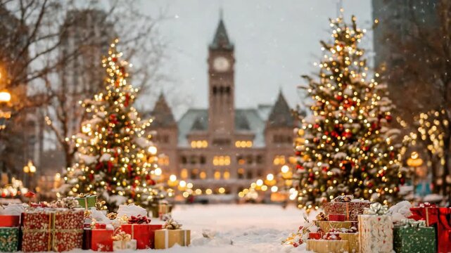 Festive Winter Snowfall Scene With Illuminated Christmas Trees And Gifts In Front Of A Grand Historic Building With A Clock Tower At Dusk