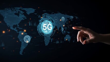 A glowing 5G signal over a world map, with a hand poised to interact. Digital data streams illuminate the network - Powered by Adobe