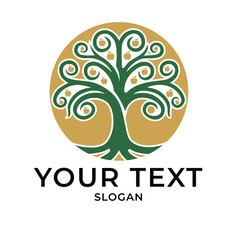 A stylized tree with swirling branches and apples against a circular backdrop, perfect for branding, logos, or naturethemed designs isolated on