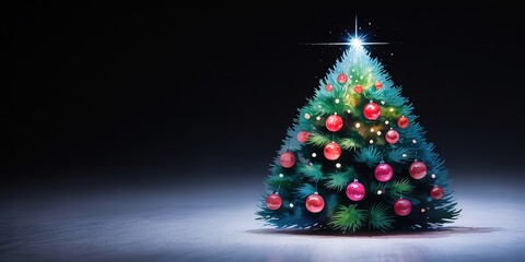 Star shines atop Christmas tree adorned with vibrant red ornaments against a dark background