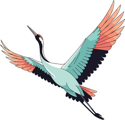 Red crowned crane bird flying with wings spread coral and teal