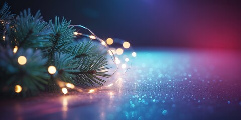 Glowing fairy lights are nestled beside a pine branch on a glittery surface