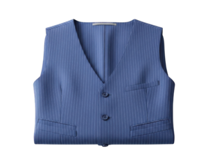 Formal blue garment featuring a fine vertical pinstripe pattern and button closures