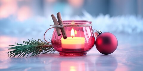 Holiday spirit shines as a candle burns in a red jar with cinnamon sticks