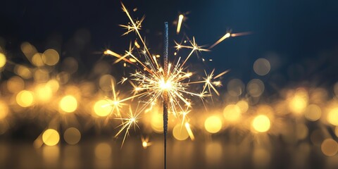 A beautiful sparkler burns brightly against a dark background with blurred golden lights shining behind
