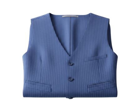 Formal blue garment featuring a fine vertical pinstripe pattern and button closures