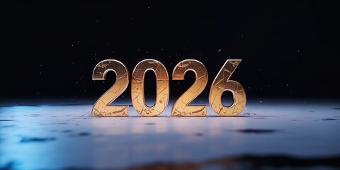 Shiny gold textured numbers displaying 2026 are placed on a reflective wet surface